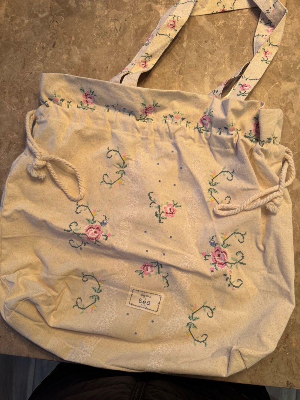 Sezane Cream Canvas Tote with Pink Floral Embroidery
